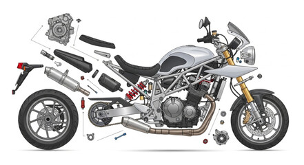 Exploded view of a modern adventure motorcycle and its components. © Kang