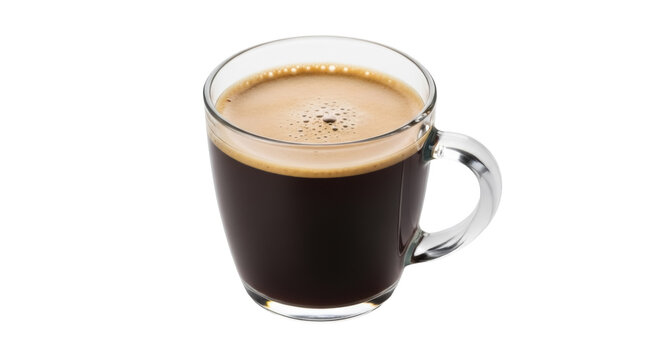 Espresso in a clear glass mug isolated PNG, rich dark coffee with crema on top for a morning pick-me-up on transparent background