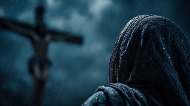 Woman grieving at the foot of Christ on the cross during rain. Holy Week and Passion Week event. Biblical scene for Easter.