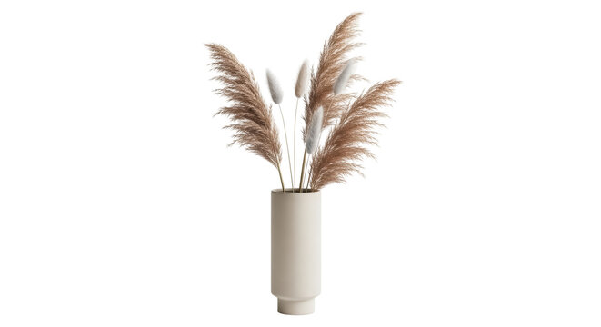 Pampas grass in beige vase isolated PNG, decorative dried flowers arrangement for modern interior design and bohemian home decor