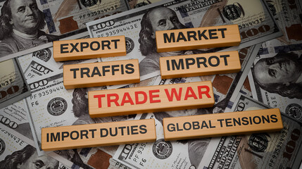 Global Trade War and Tariffs Concept with Wooden Blocks Displaying Import, Export, Market and Duties Terms on US Dollar Banknotes, International Economy, Finance and Global Trade Tensions, 3D Illustra