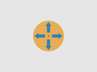 Obraz premium A yellow circular icon featuring four blue arrows pointing outward in cardinal directions with a small red sparkle at the center