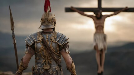 Roman centurion standing before Jesus on the cross. Dramatic biblical crucifixion scene at sunset with ancient armor, spear, and rugged hillside. Historical religious reenactment for faith and