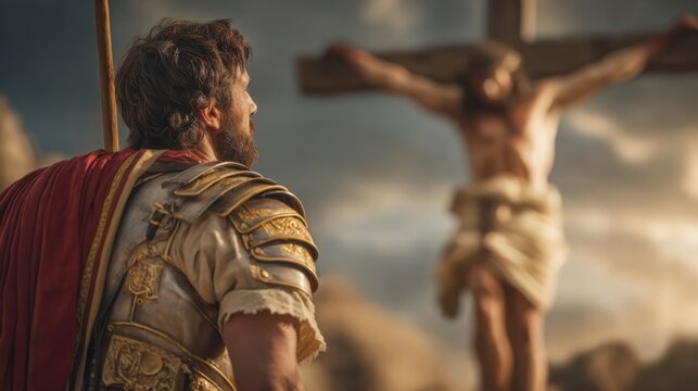 Man with Roman armor looking at Jesus Christ crucified on cross. Biblical scene for Easter or Pascha, Good Friday and religious concept.