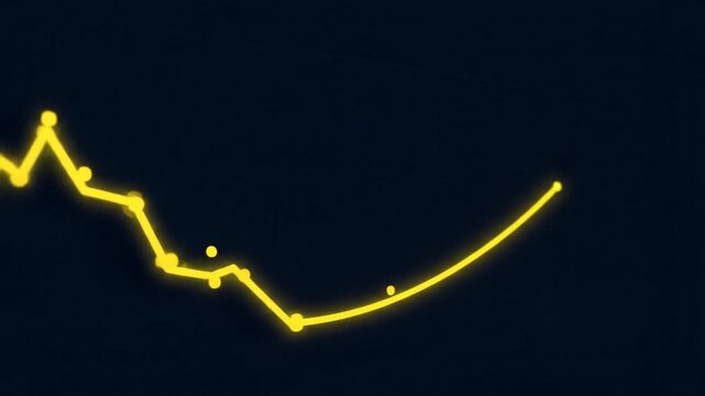 The video extract shows a volatile yellow line graph on a dark background, representing fluctuating data or stock prices, which then smooths out and dramatically curves upwards, symbolizing massive f