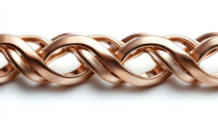 Fototapeta premium Macro close up of intertwined rose gold colored metal wire braid structure with brushed texture and white background