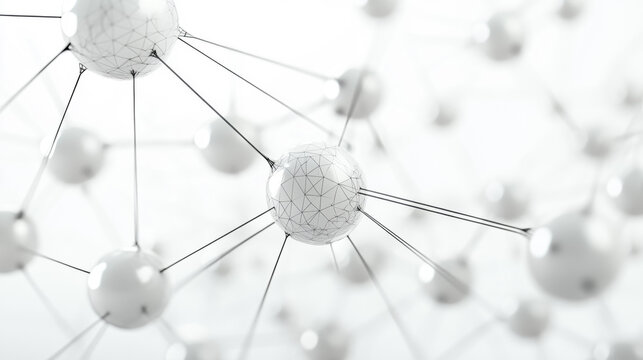 Clean 3D render of an abstract network structure with white connected spheres and lines symbolizing global communication, biotechnology, nanotechnology, and complex data systems on a white background.
