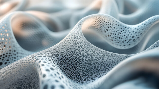 Abstract white wavy mesh fabric with porous cellular texture and high tech digital lattice pattern for futuristic science and technology background