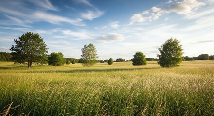 Fototapeta premium Grass field with trees and blue sky