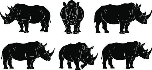 Rhinoceros silhouette collection showing different poses of wild rhino animal wildlife illustration vector black white design set © World_Of_Vector