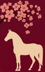 Obraz premium Pink cherry blossoms above beige horse silhouette on deep red background.