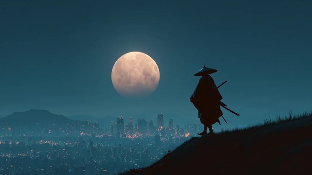 Samurai Ronin Stands Tall Hill With View The City Night With Full Moon Seamless Looping