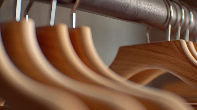 Wooden Clothes Hangers on Metal Rail.