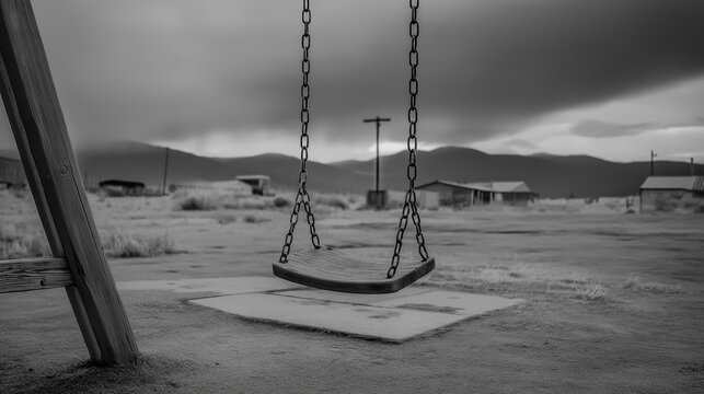 ppa. Empty playground swing moving in abandoned village under overcast sky. lifestyle magazines, social media lookbooks, designed for influencer and brand collaborations.
