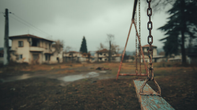 ppa. Empty playground swing moving in abandoned village under overcast sky. lifestyle magazines, social media lookbooks, designed for influencer and brand collaborations.