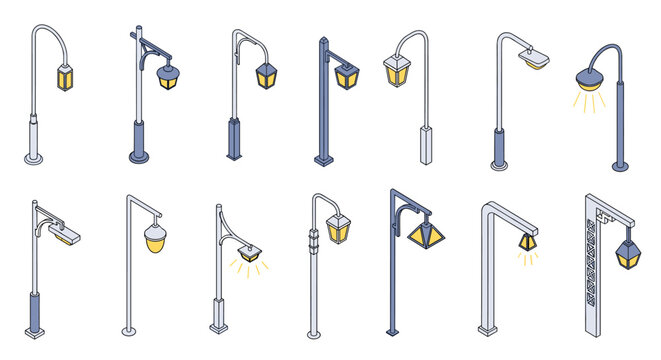 Set of isometric street lamp illustrations showcases various modern and classic lighting pole designs for urban architecture projects.