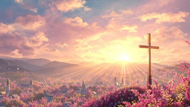 Easter Christian Scene Jesus Christ Symbolized Radiant Cross And Light Blooming Flowers Sunrise Over Jerusalem Hills