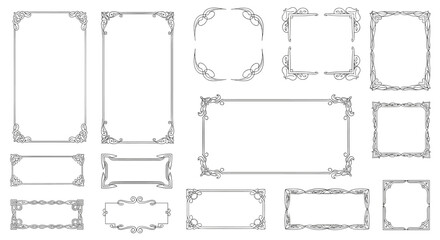 Collection of various ornate rectangular and square frames features intricate scrollwork and floral motifs for classical document design.