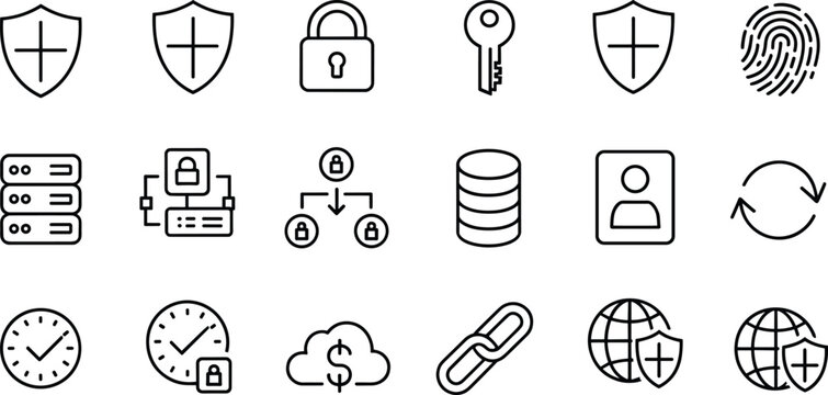 Cybersecurity and data protection line icons featuring shields, encryption, authentication, secure storage, and privacy technology for modern digital network systems