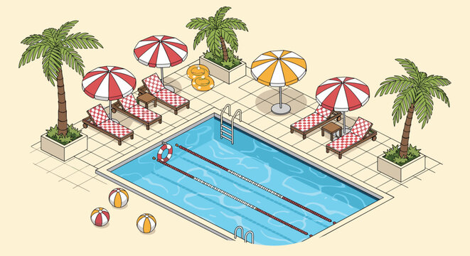Isometric illustration of a luxury resort swimming pool area with palm trees, lounge chairs, striped umbrellas, and beach balls.