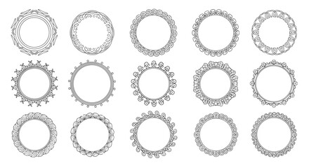 Collection of fifteen decorative circular wreaths and frames featuring varied floral and geometric line art patterns.