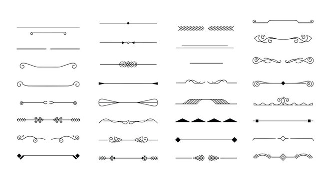 Set of diverse horizontal line dividers and decorative border strokes featuring varied geometric and flourish elements.