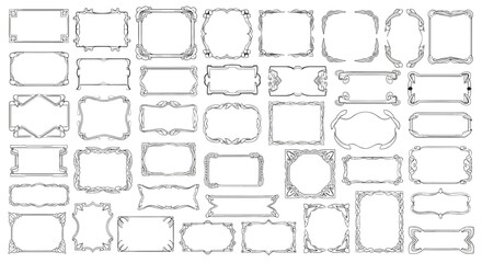 Obraz premium Large selection of rectangular and square decorative frames ranging from simple thin lines to more complex ornate border designs for document framing.