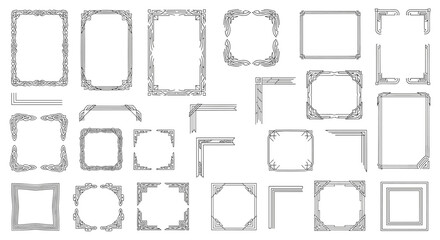 Assortment of simple and ornate geometric frames and corner elements for enhancing document borders, creative photo framing, and page ornamentation.