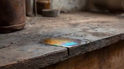 An iridescent oil slick shimmering with rainbow colors on a rough wooden workbench in a dimly lit workshop