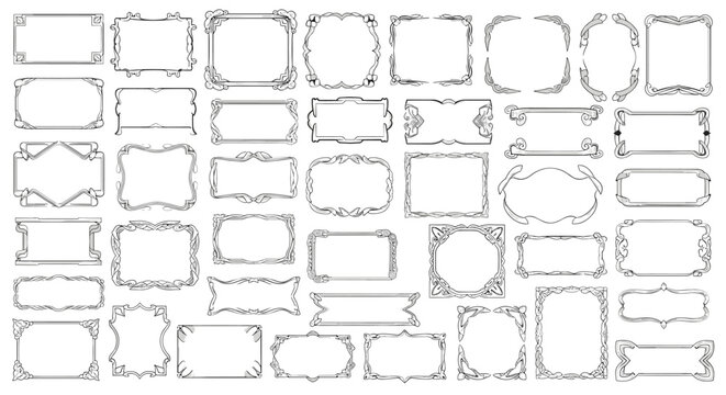Large selection of rectangular and square decorative frames ranging from simple thin lines to more complex ornate border designs for document framing.