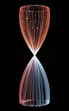 Luminous fiber optic sculpture twists into elegant hourglass shape against dark background.