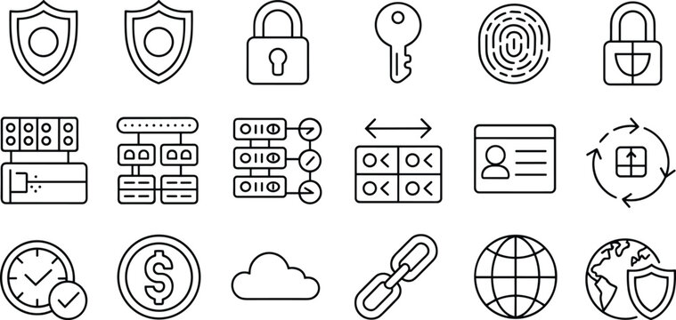 Set of cybersecurity and data protection line icons featuring authentication, encryption, secure servers, cloud storage, and global privacy network technology concepts