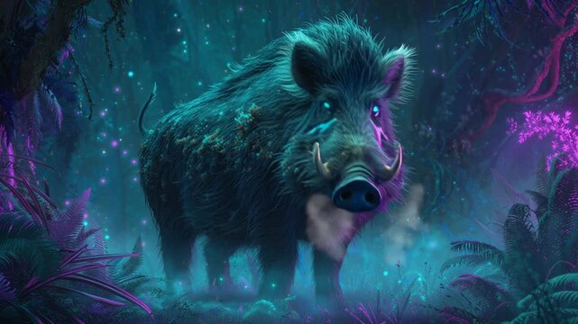 A powerful wild boar standing in a dark enchanted forest at night, muscular and robust body, ultra detailed coarse fur and tusks, glowing neon