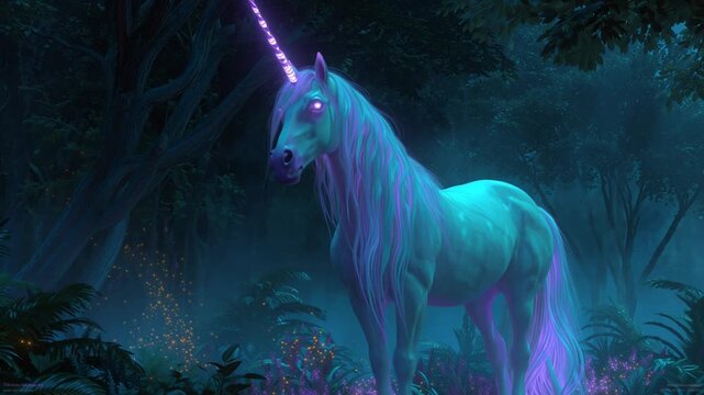 A majestic unicorn standing in an enchanted forest at night, elegant and powerful body