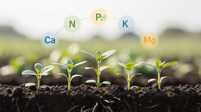 Five seedlings in soil with N, P, K, Ca, Mg, icons connected by lines