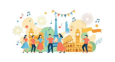 Obraz premium Happy People Dancing in Front of World Landmarks Celebration