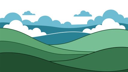Obraz premium Cartoon landscape showing rolling green hills and cloudy sky in various shades