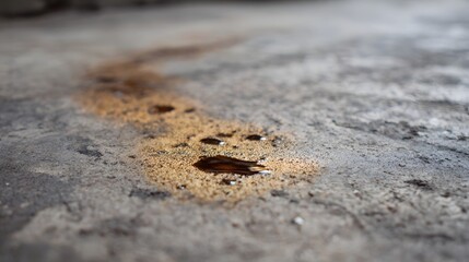 A dark liquid spill spreads across a rough textured concrete surface