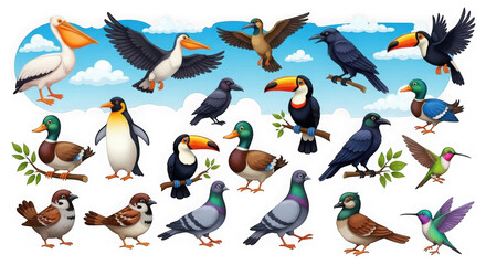 Various colorful birds in different poses and species with vibrant plumage in digital illustration for wildlife education