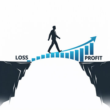 Vector Illustration of silhouetted person walking on a bridge made of increasing sales bars and graphs connecting two cliffs
