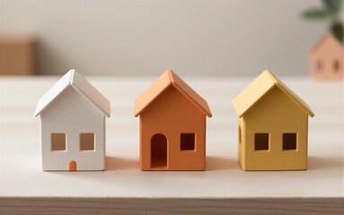 Three colorful miniature houses neatly arranged on a wooden shelf, softly lit.