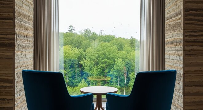 Armchairs facing window with forest view