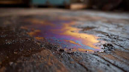 Naklejka premium A vibrant iridescent oil slick creates a colorful abstract pattern across a dark textured wooden floor surface