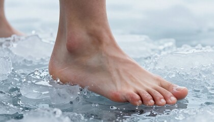 Fototapeta premium A bare foot stands on ice, with visible water droplets forming from the melting surface, highlighting the sensation of extreme cold.