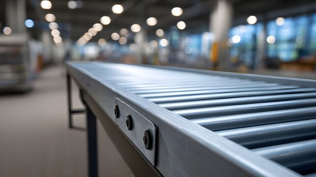Close up perspective of an empty metal roller conveyor system stretching into the distance in a modern industrial factory