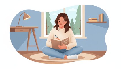 Fototapeta premium Teen girl sitting cross-legged with notebook illustration warm palette with floor cushion and lamp