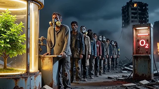 In a post-apocalyptic city, people queue for oxygen