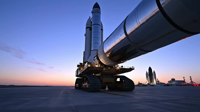 Futuristic heavy lift space rocket on mobile crawler transporter preparing for launch at twilight with deep blue sky