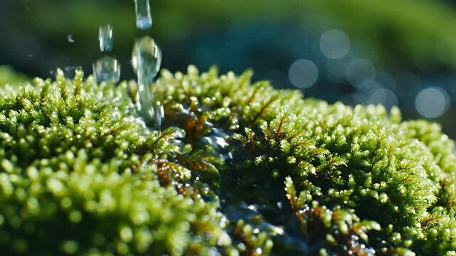 Close-up macro view of vibrant green moss glistening under a stream of clear water