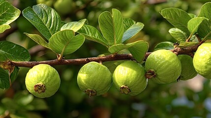 Obraz premium Green guava fruits are ripening on a tree branch, surrounded by lush green leaves under natural daylight, representing healthy tropical produce and a fresh harvest